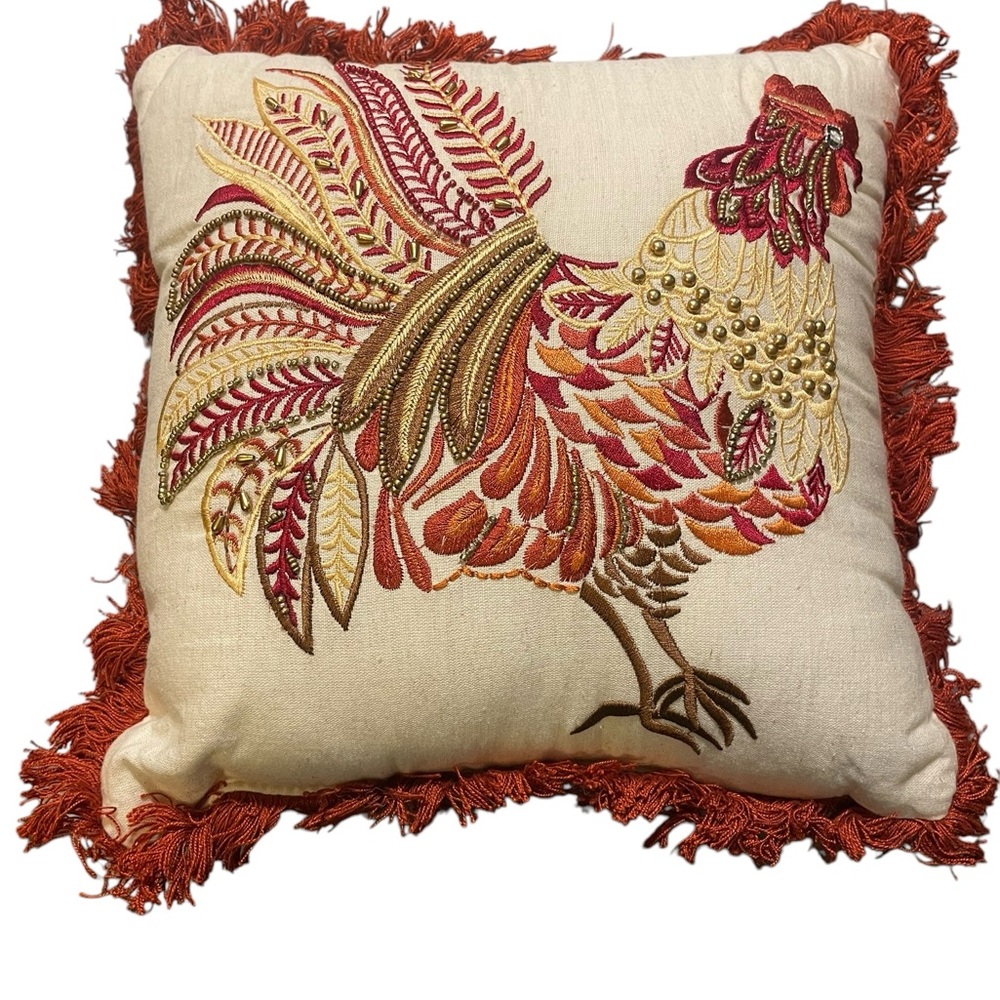 Decorative READ Embroidered Beaded Rooster 10” Pillow